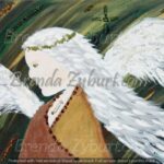 A painting of an angel with white feathers on it's wings.