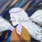 A painting of an angel with white feathers