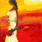 A painting of a woman in white dress holding flowers