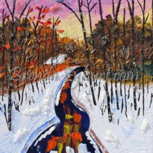 A painting of a snowy path in the woods