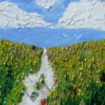 A painting of a path through the grass
