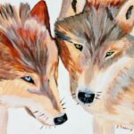 Two wolf heads are painted in a painting style.