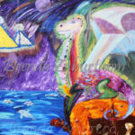 A painting of a dragon and other animals