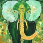 A painting of an elephant with green leaves on it's head.
