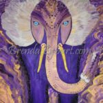 A painting of an elephant with purple and yellow feathers.