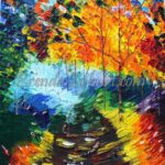 A painting of trees and water in the background