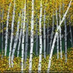 A painting of trees in the woods with yellow leaves.