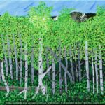 A painting of trees in the middle of a forest