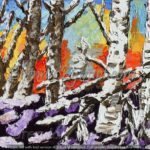 A painting of trees with snow on them