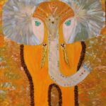 A painting of an elephant with orange and yellow colors.