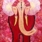 A painting of an elephant with flowers on it's head.