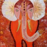 A painting of an elephant with flowers on it's head.