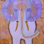 A painting of an elephant with blue and yellow feathers on it's head.