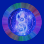 A blue circle with a spiral of light around it.