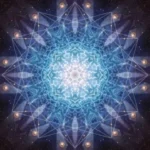A blue and white mandala with many lights