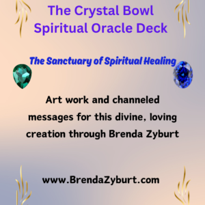 A poster with the title of the crystal bowl spiritual oracle deck.